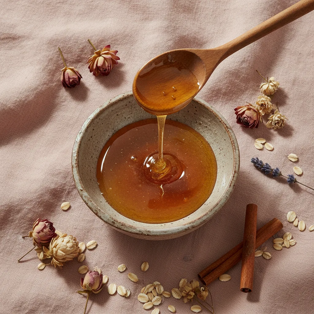 Honey drizzle in a wooden bowl