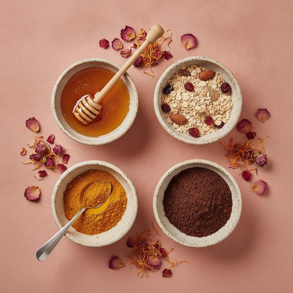 Ingredients flatlay blush background